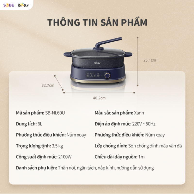 [SALE 20/10] Nồi lẩu 2 ngăn Bear 6L SB-NL60U